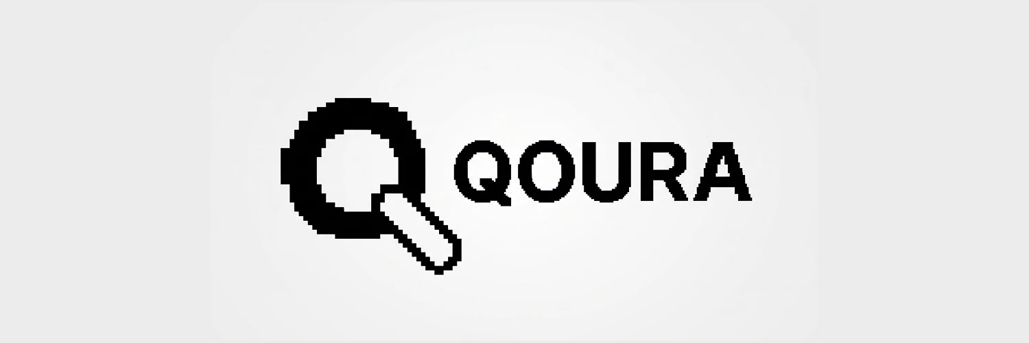 Qoura logo: a pixel Q with a magnifier handle beside the name
